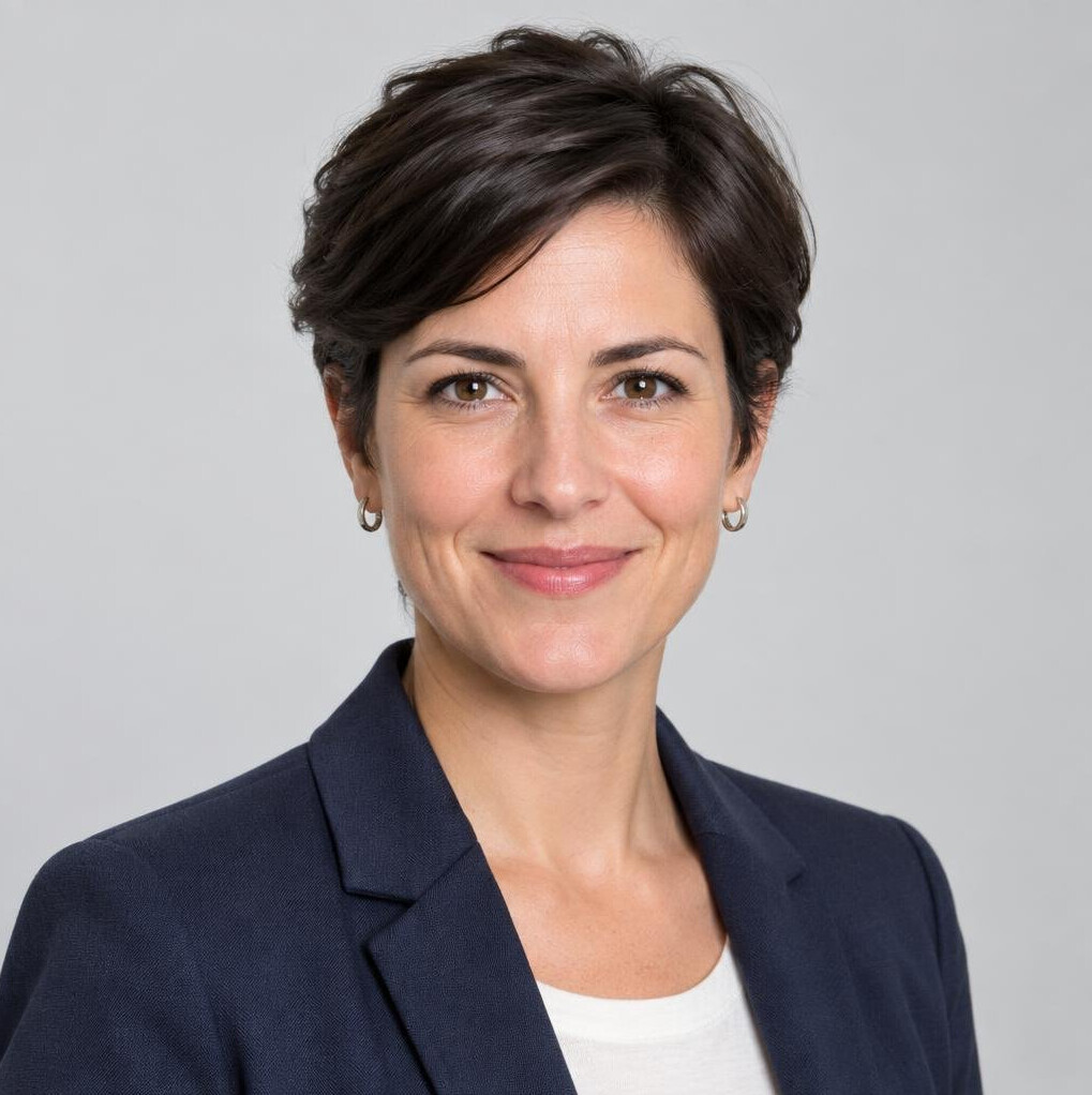 Studio portrait of a woman journalist with short hair