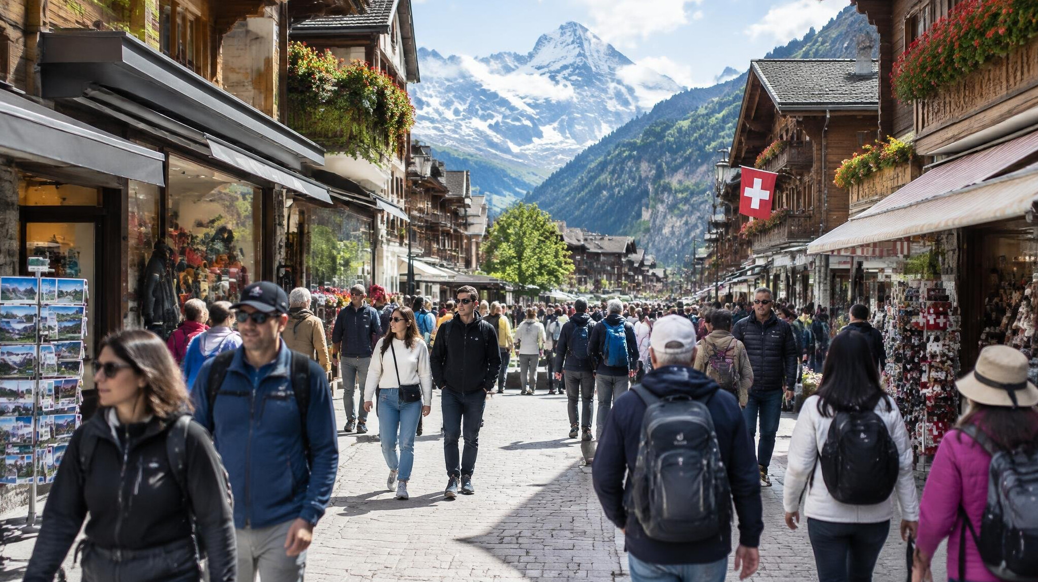 Crowded alpine tourist town street