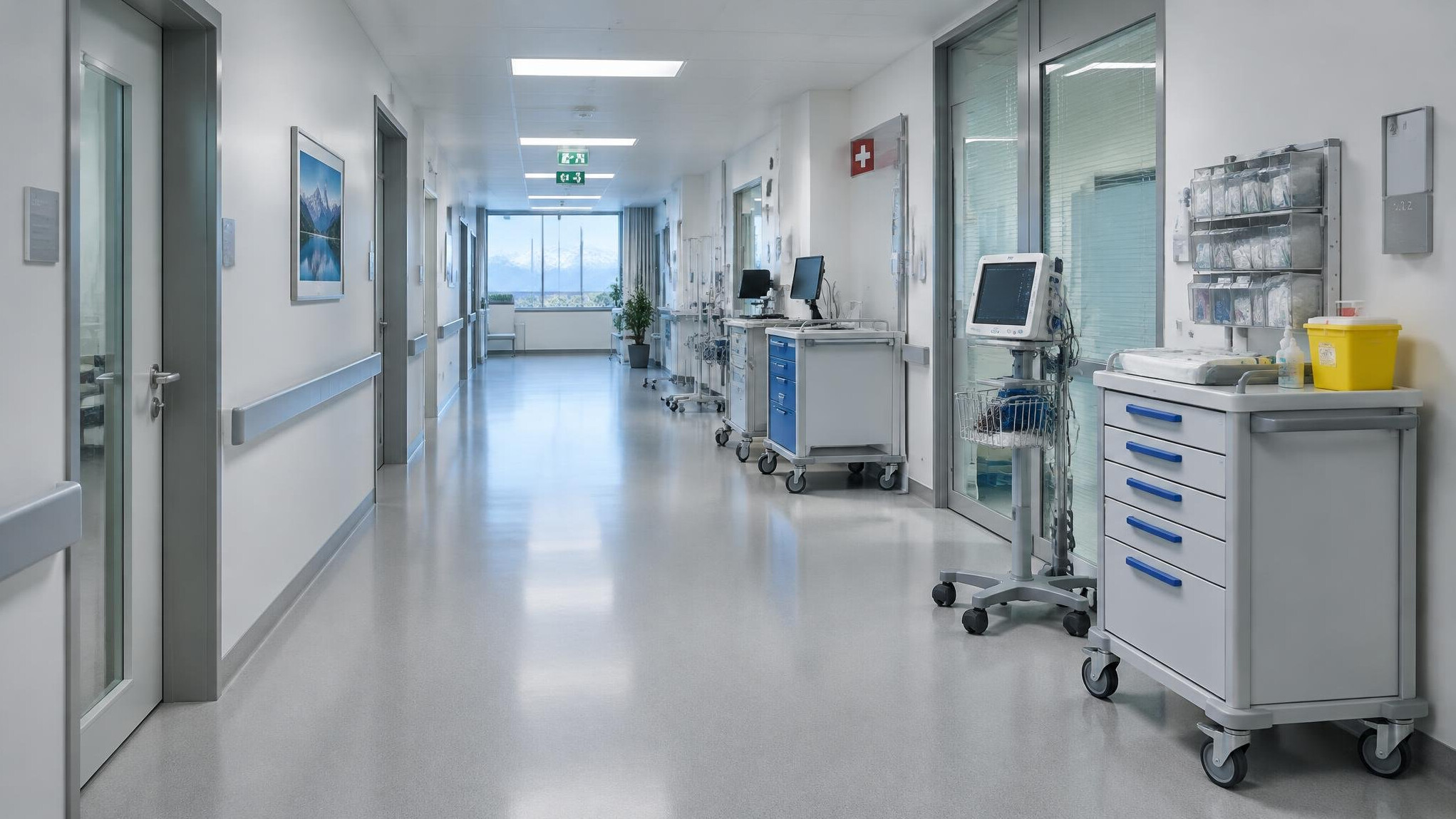 Hospital corridor with medical equipment