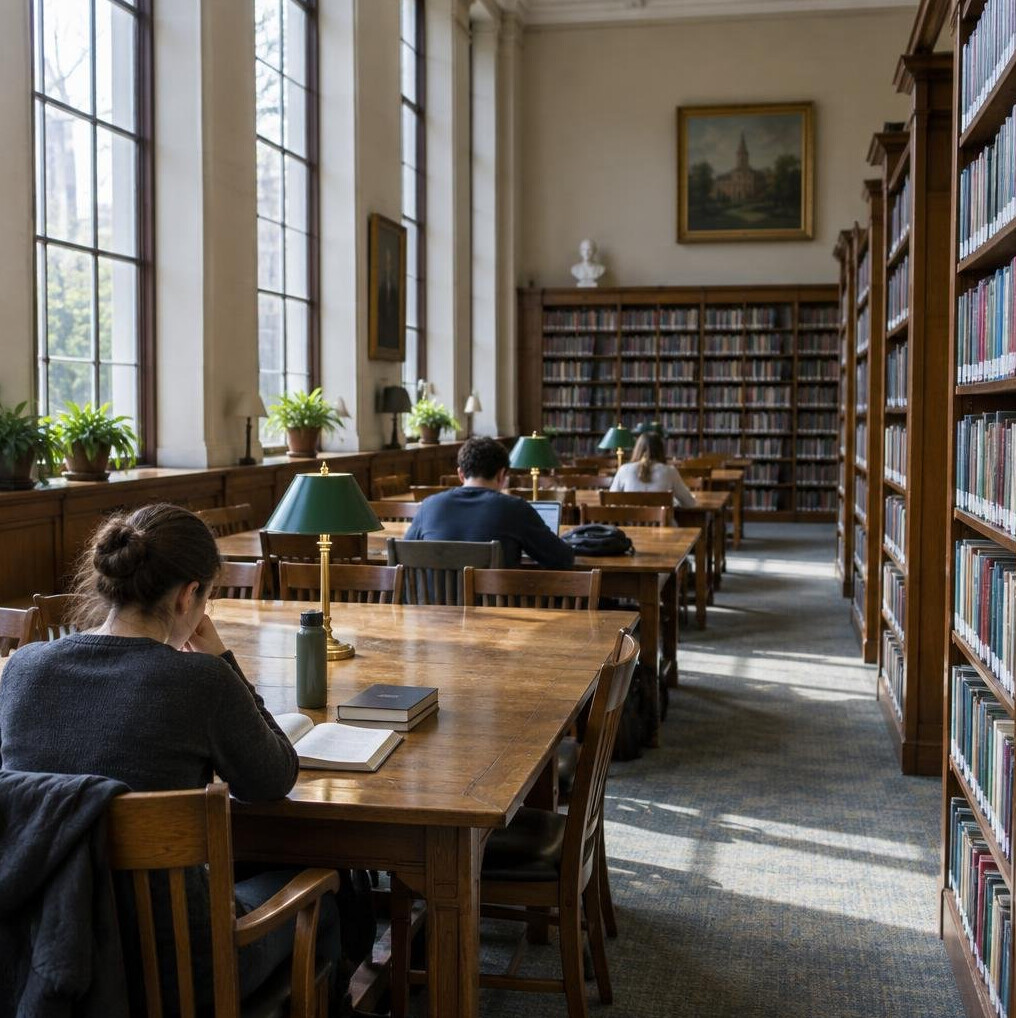 Library reading room with long wooden tables