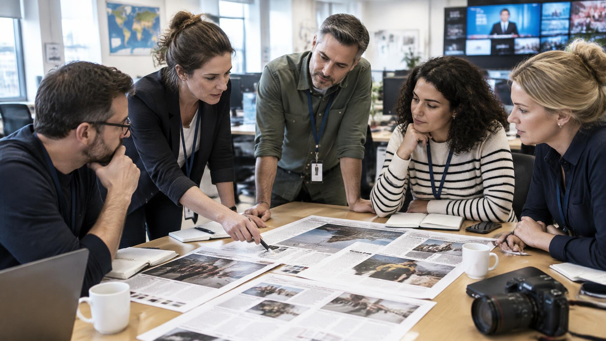 Newsroom team discussing a story around a table