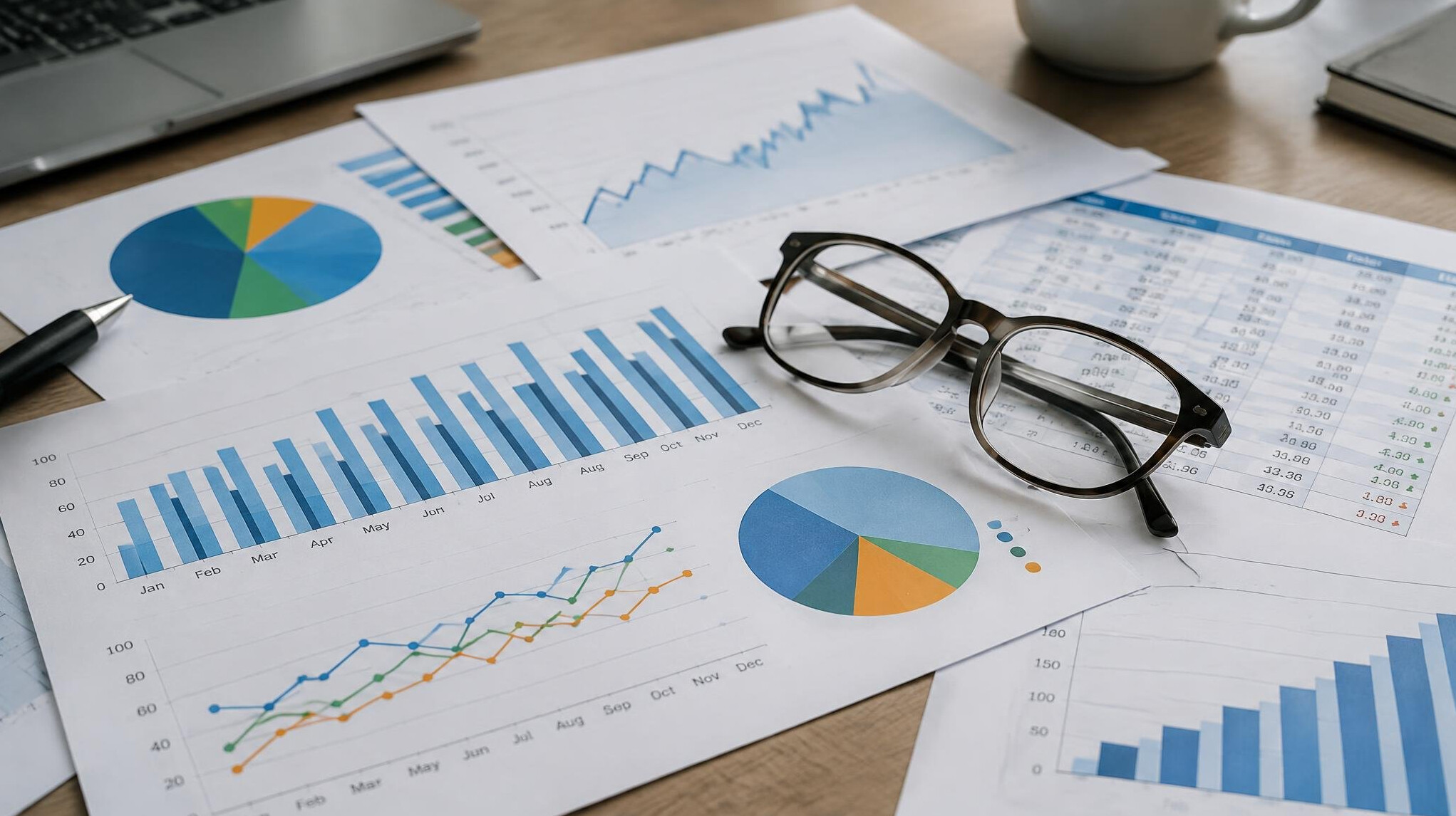 Charts and data printouts spread on a desk