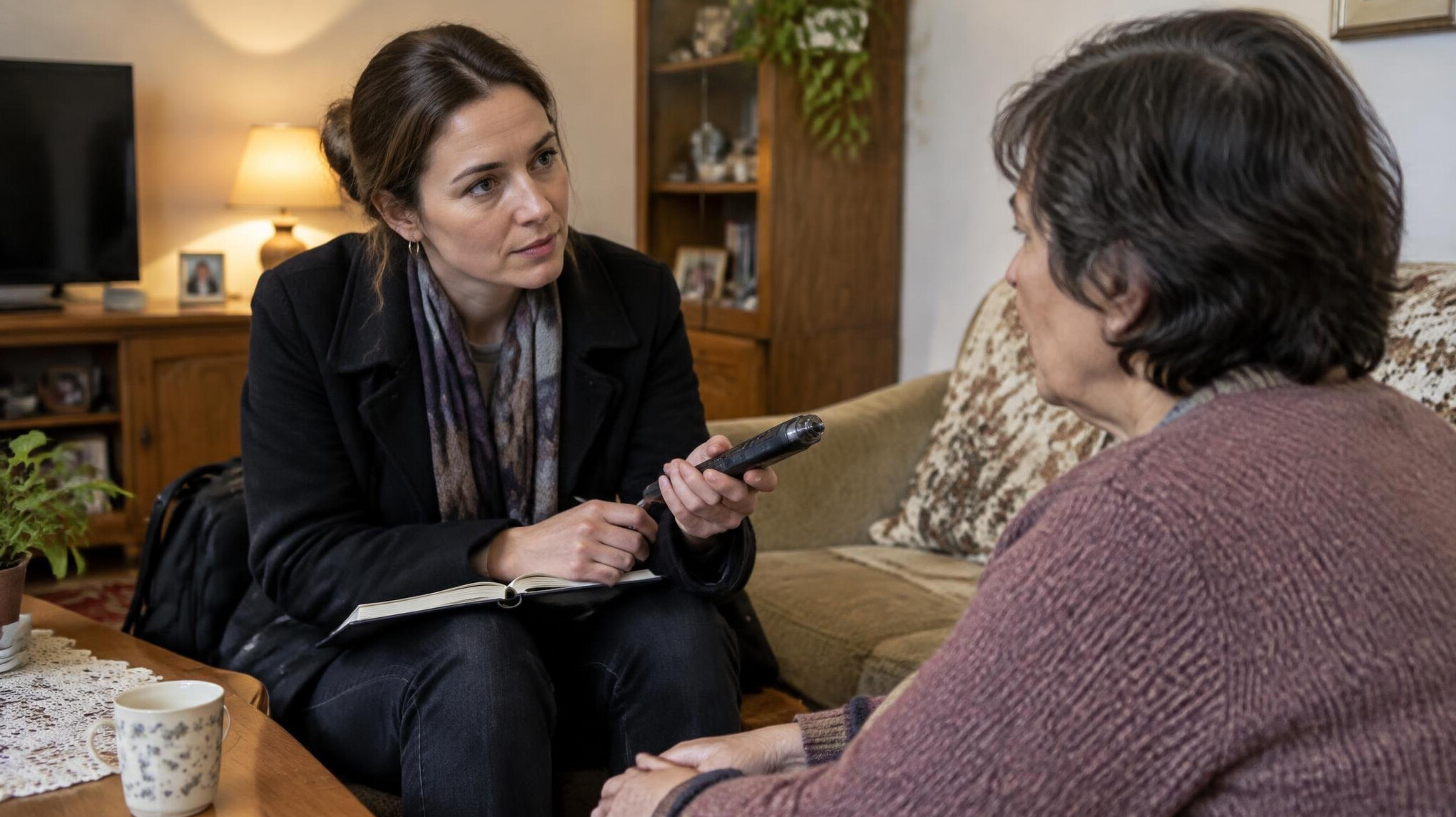 Journalist interviewing a resident with a notebook