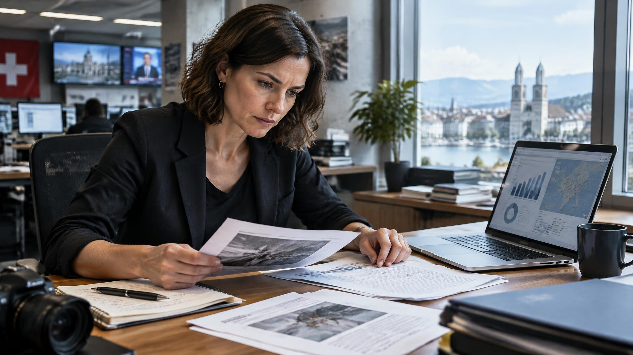 Investigative journalist reviewing documents at a desk with a laptop
