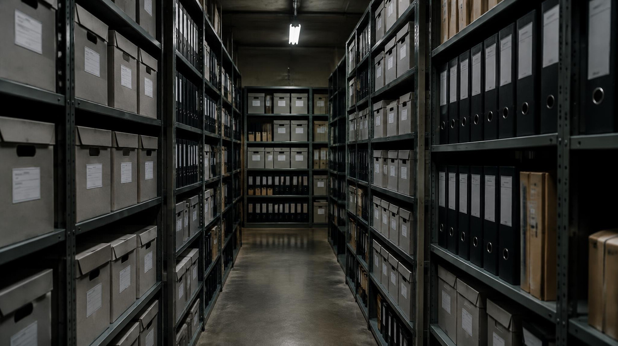 Archive shelves filled with document boxes