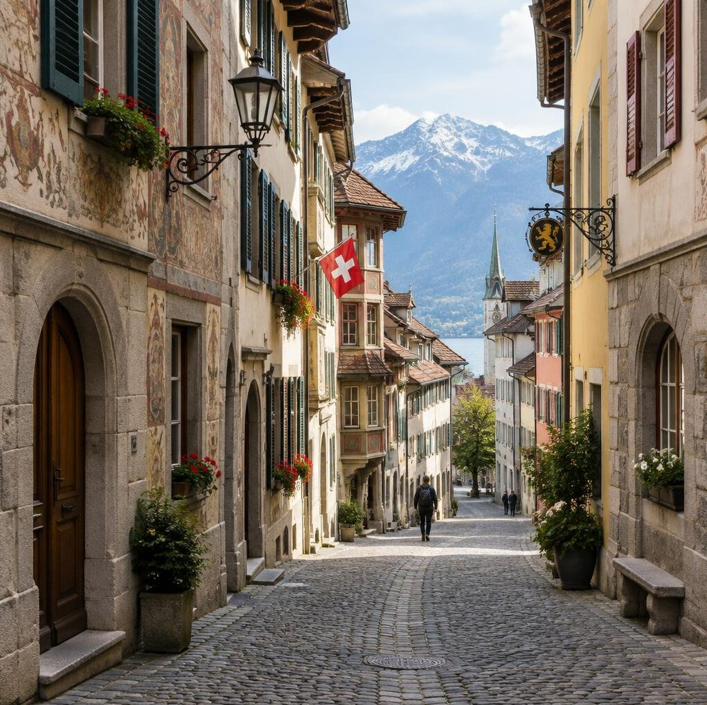 Narrow street in a Swiss old town