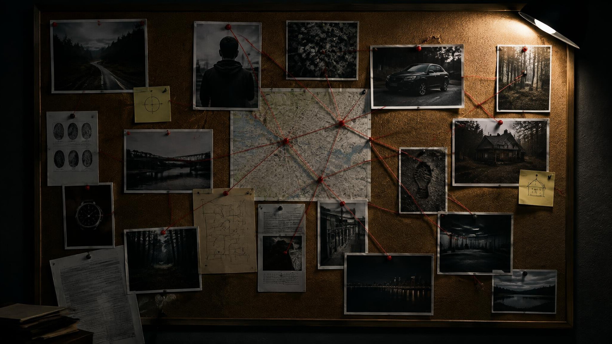 Journalist pinning documents and photos on a board