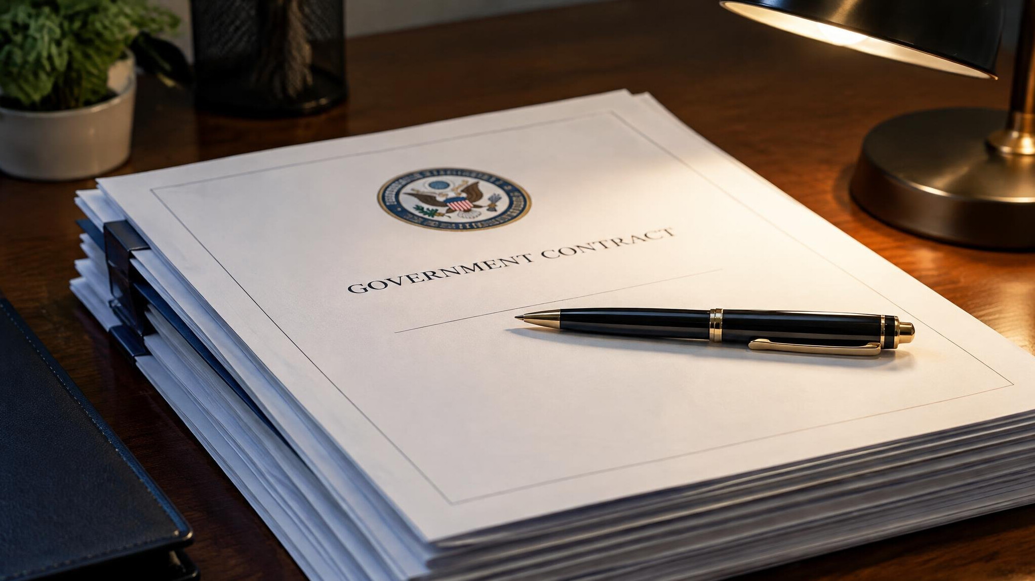 Stack of official documents and a pen on a desk