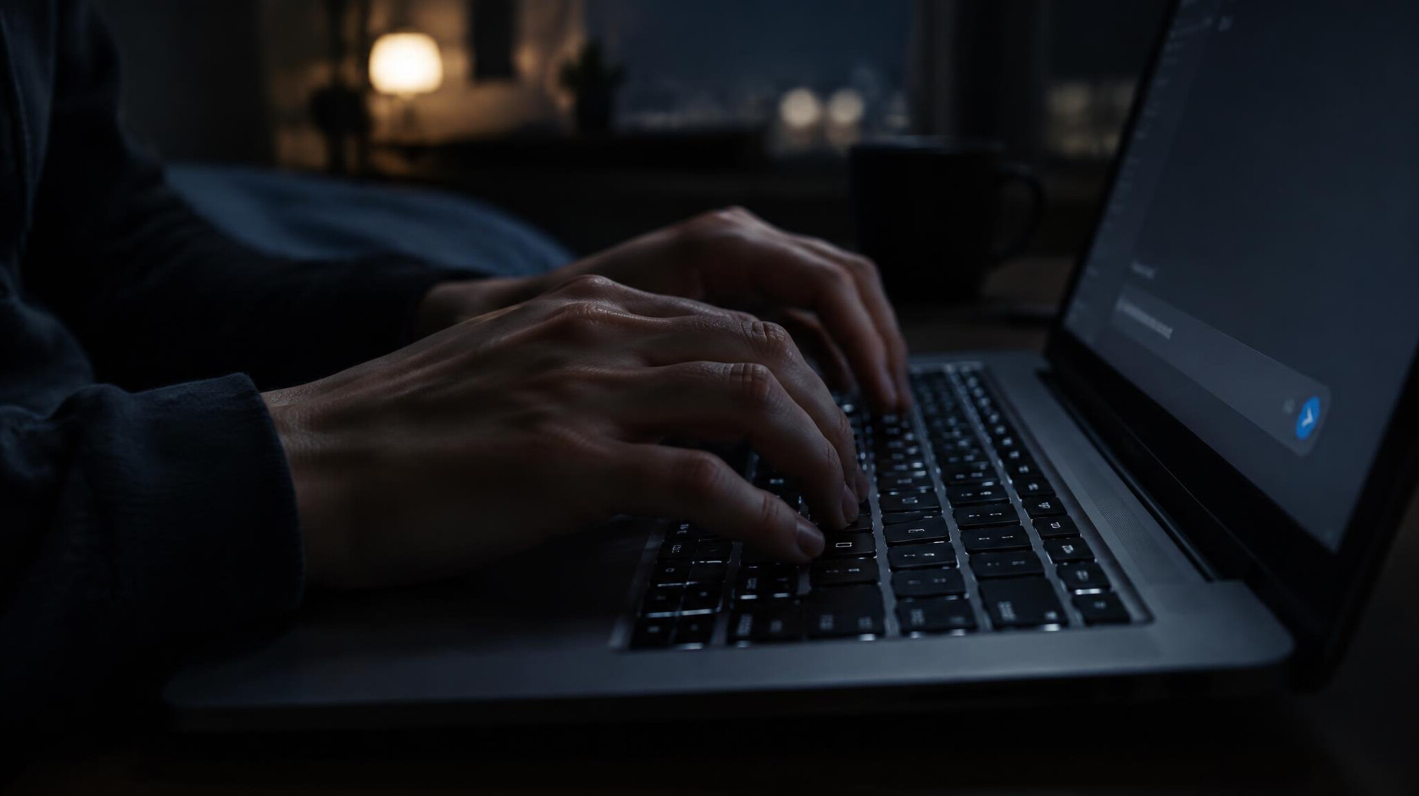 Hands typing on a laptop keyboard in low light