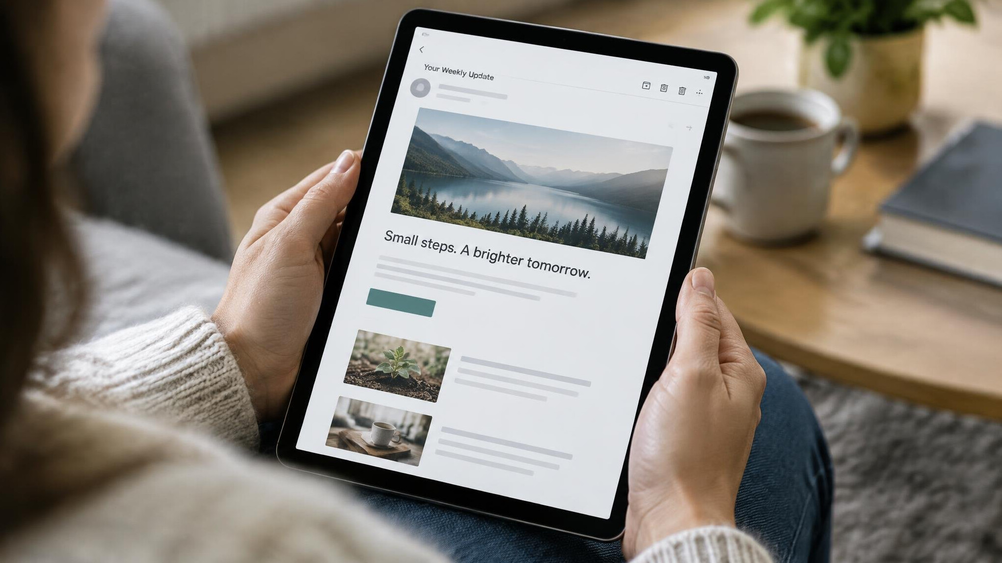 Person reading a newsletter email on a tablet